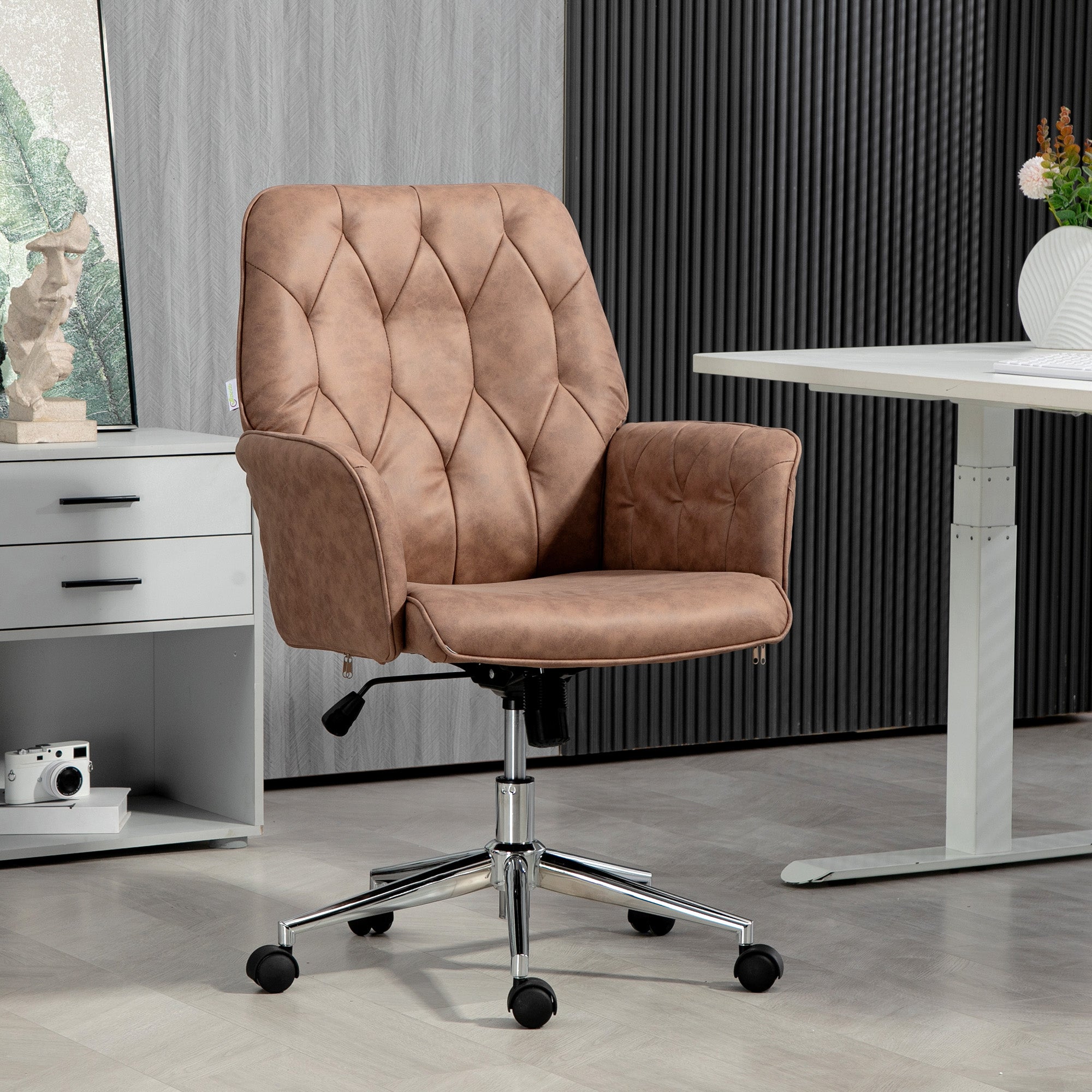 Vinsetto Office Desk Chair, Microfibre Vanity Chair with Height Adjustable, Armrest, Swivel Chair for Home, Coffee
